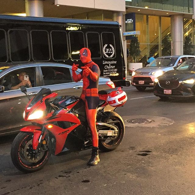 I'm dying  #deadpool on his #motorcycle in #traffic! #accc2016 #geek #comiccon